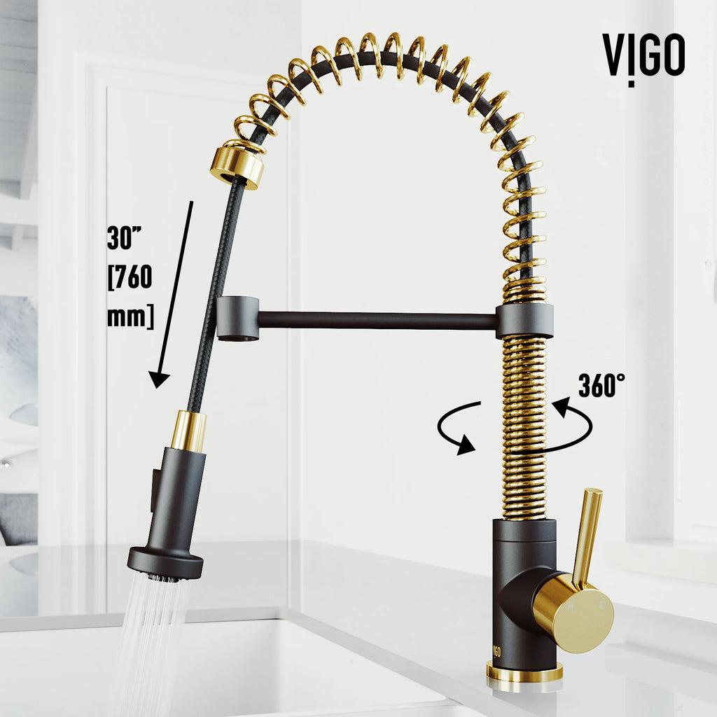 VIGO- Edison 19 in. Pull-Down Spring Kitchen Faucet In Matte Brushed Gold/Matte Black Model# VG02001MGMB