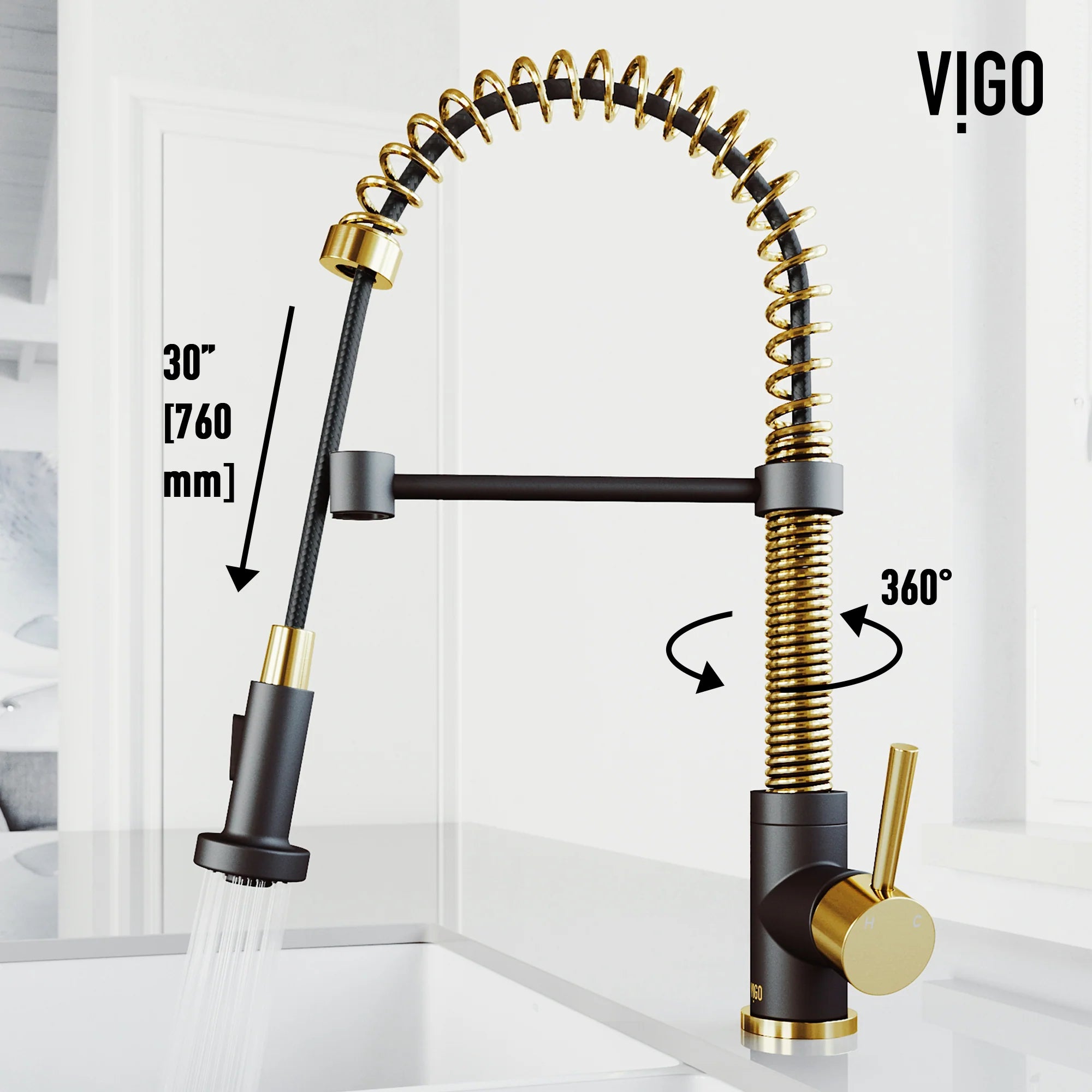 VIGO- Edison 19 in. Pull-Down Spring Kitchen Faucet In Matte Brushed Gold/Matte Black Model# VG02001MGMB