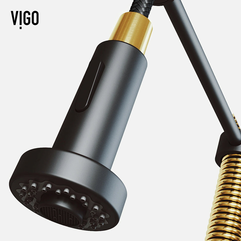 VIGO- Edison 19 in. Pull-Down Spring Kitchen Faucet In Matte Brushed Gold/Matte Black Model# VG02001MGMB