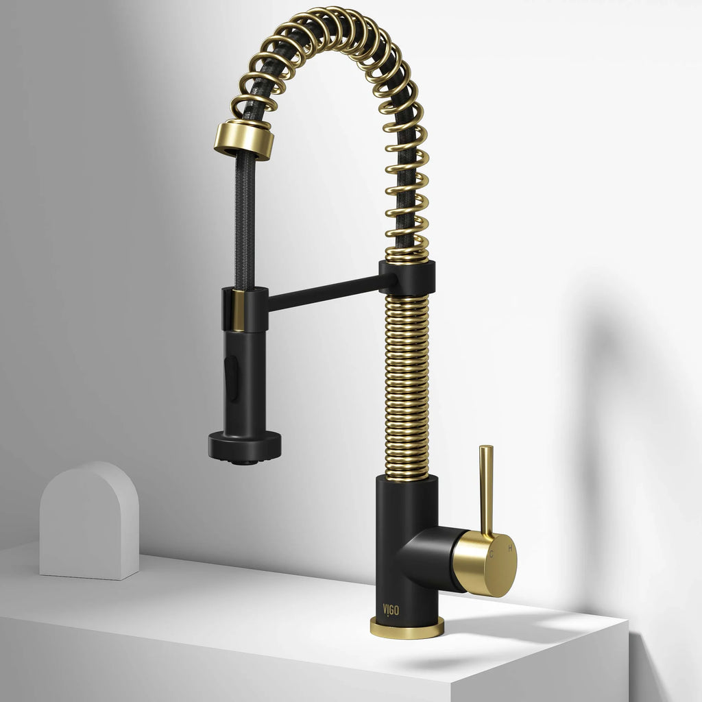 VIGO- Edison 19 in. Pull-Down Spring Kitchen Faucet In Matte Brushed Gold/Matte Black Model# VG02001MGMB