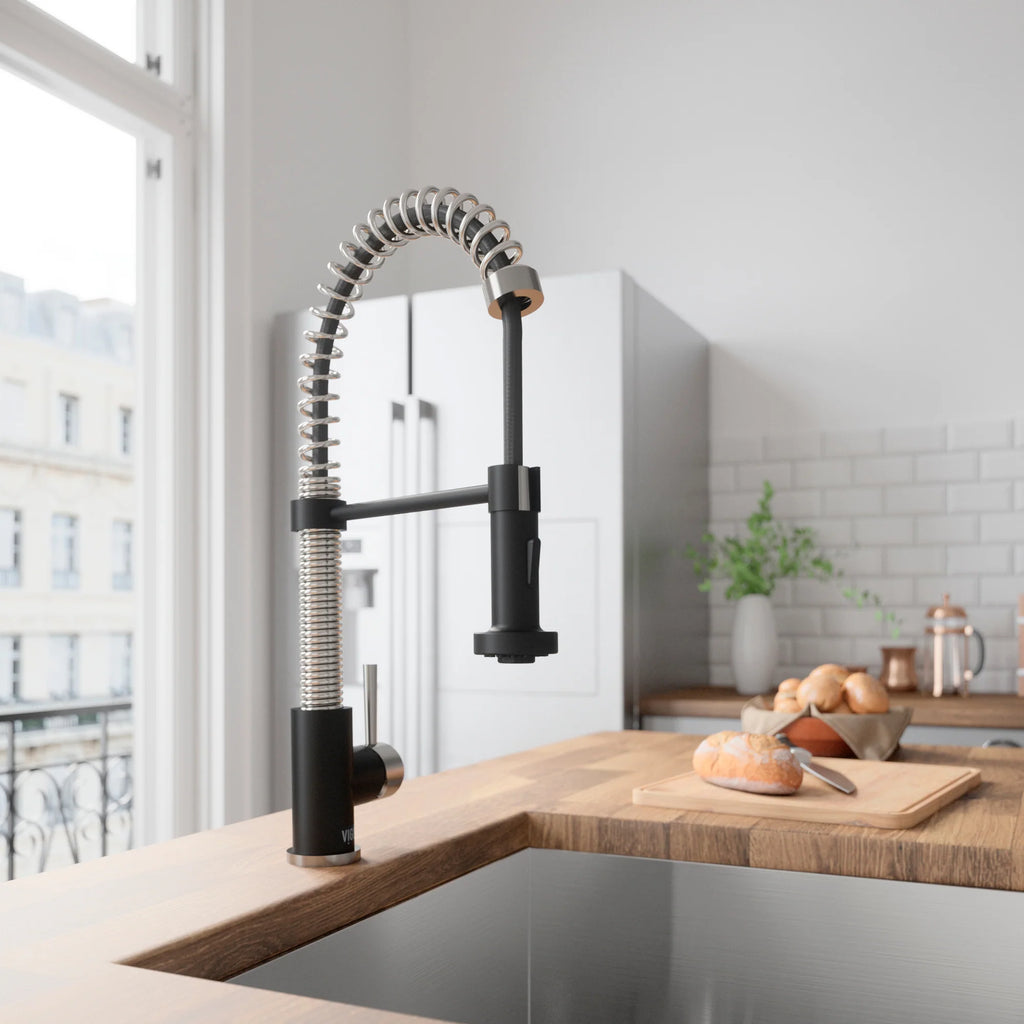VIGO- Edison 19 in. Pull-Down Spring Kitchen Faucet In Stainless Steel/Matte Black Model# VG02001STMB