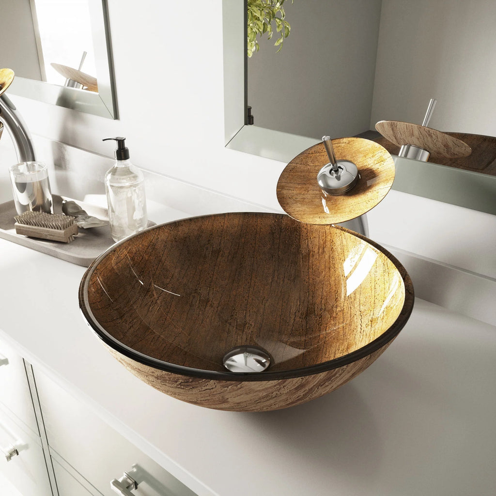 VIGO- Giovanni 17" Round Tempered Glass Vessel Sink In Amber Sunset Color Model# VG070427
