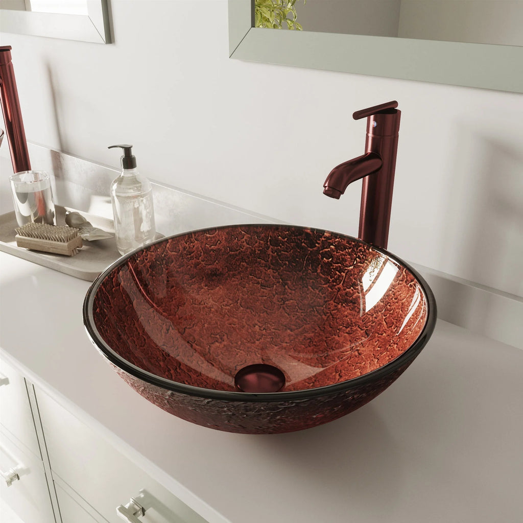 VIGO- Giovanni 17" Round Tempered Glass Vessel Sink In Mahogany Moon Color Model# VG07028
