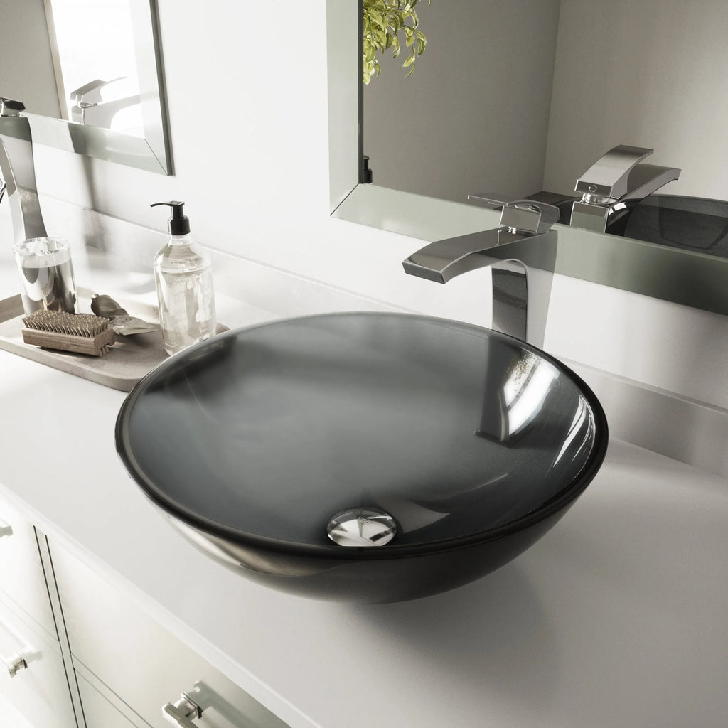 VIGO- Giovanni 17" Round Tempered Glass Vessel Sink In Sheer Black Color Model# VG07042