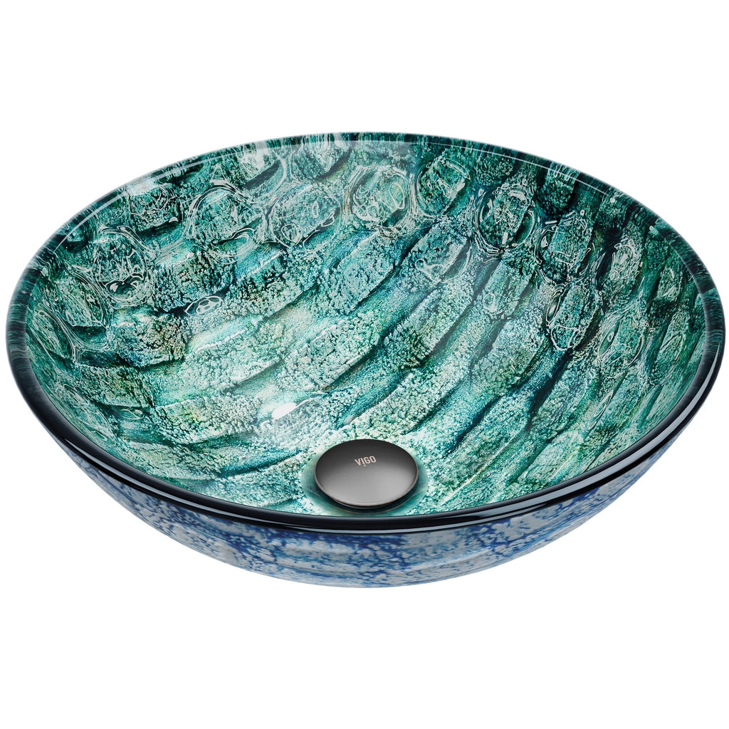 VIGO- Giovanni 17" Round Tempered Glass Vessel Sink In Oceania Blue Color Model# VG07049