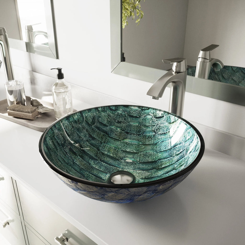 VIGO- Giovanni 17" Round Tempered Glass Vessel Sink In Oceania Blue Color Model# VG07049