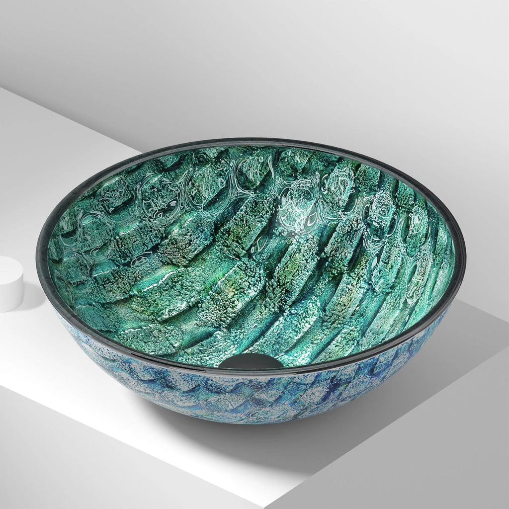 VIGO- Giovanni 17" Round Tempered Glass Vessel Sink In Oceania Blue Color Model# VG07049