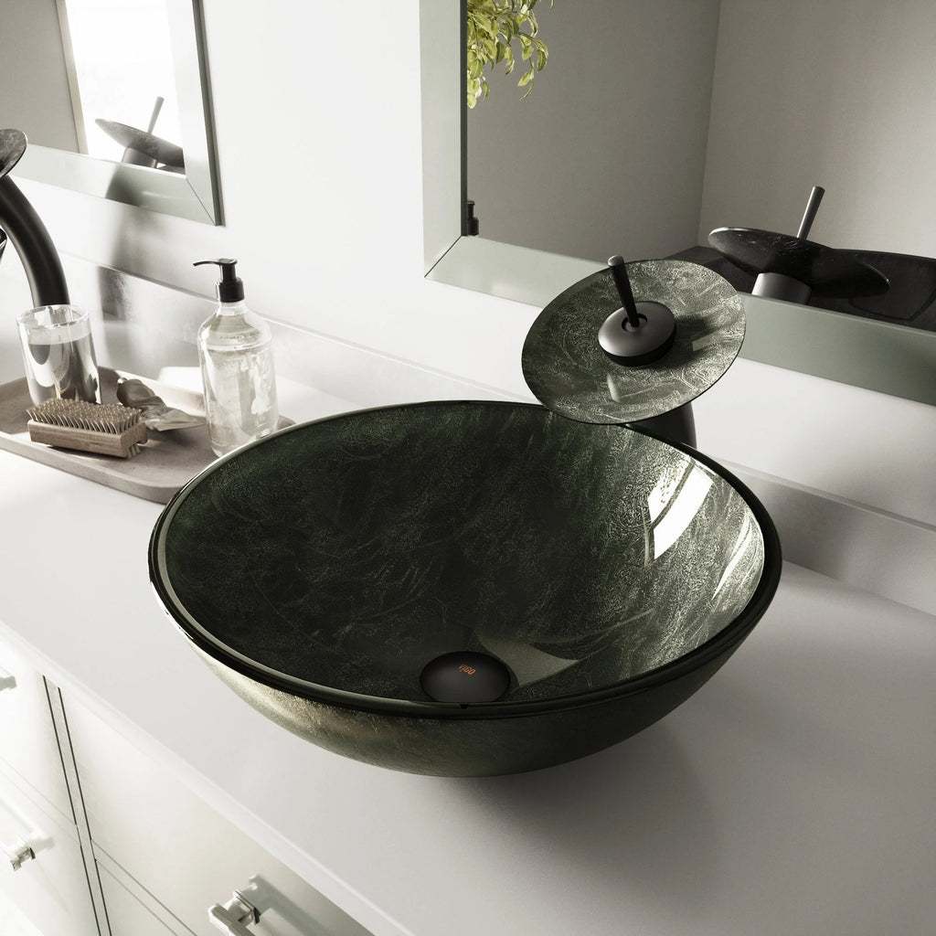 VIGO- Giovanni 17" Round Tempered Glass Vessel Sink In Gray Onyx Color Model# VG07051