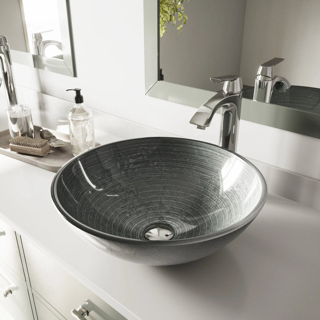 VIGO- Giovanni 17" Round Tempered Glass Vessel Sink In Simply Silver Color Model# VG07053