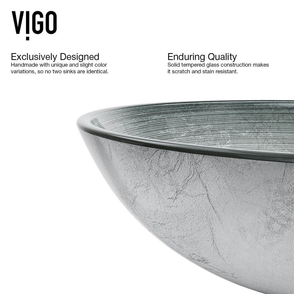 VIGO- Giovanni 17" Round Tempered Glass Vessel Sink In Simply Silver Color Model# VG07053