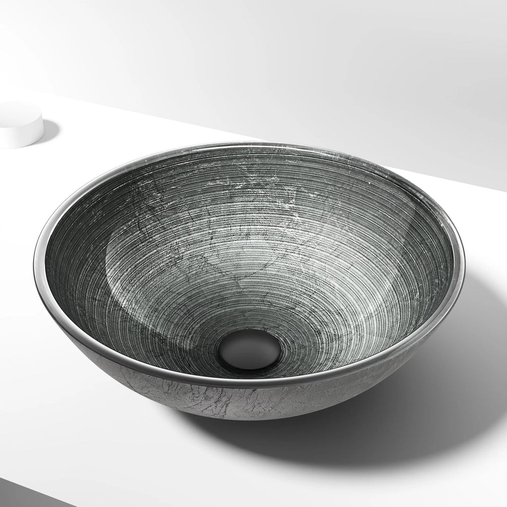 VIGO- Giovanni 17" Round Tempered Glass Vessel Sink In Simply Silver Color Model# VG07053