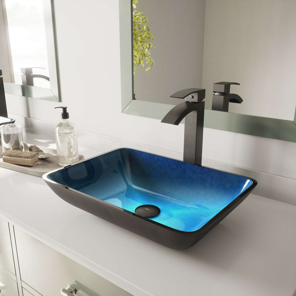 VIGO - Sottile Rectangular Glass Vessel Sink In Turquoise Water Color Model# VG07068