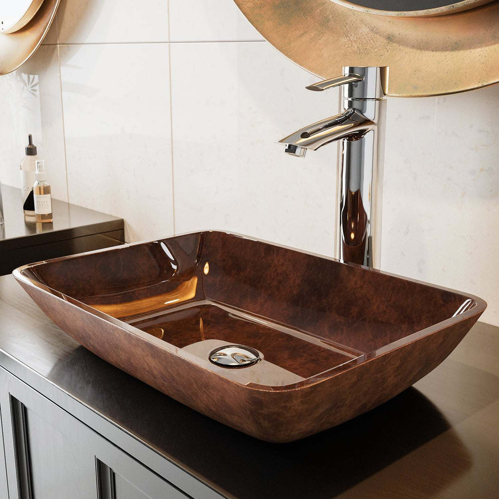 VIGO - Sottile Rectangular Glass Vessel Sink In Russet Color Model# VG07089