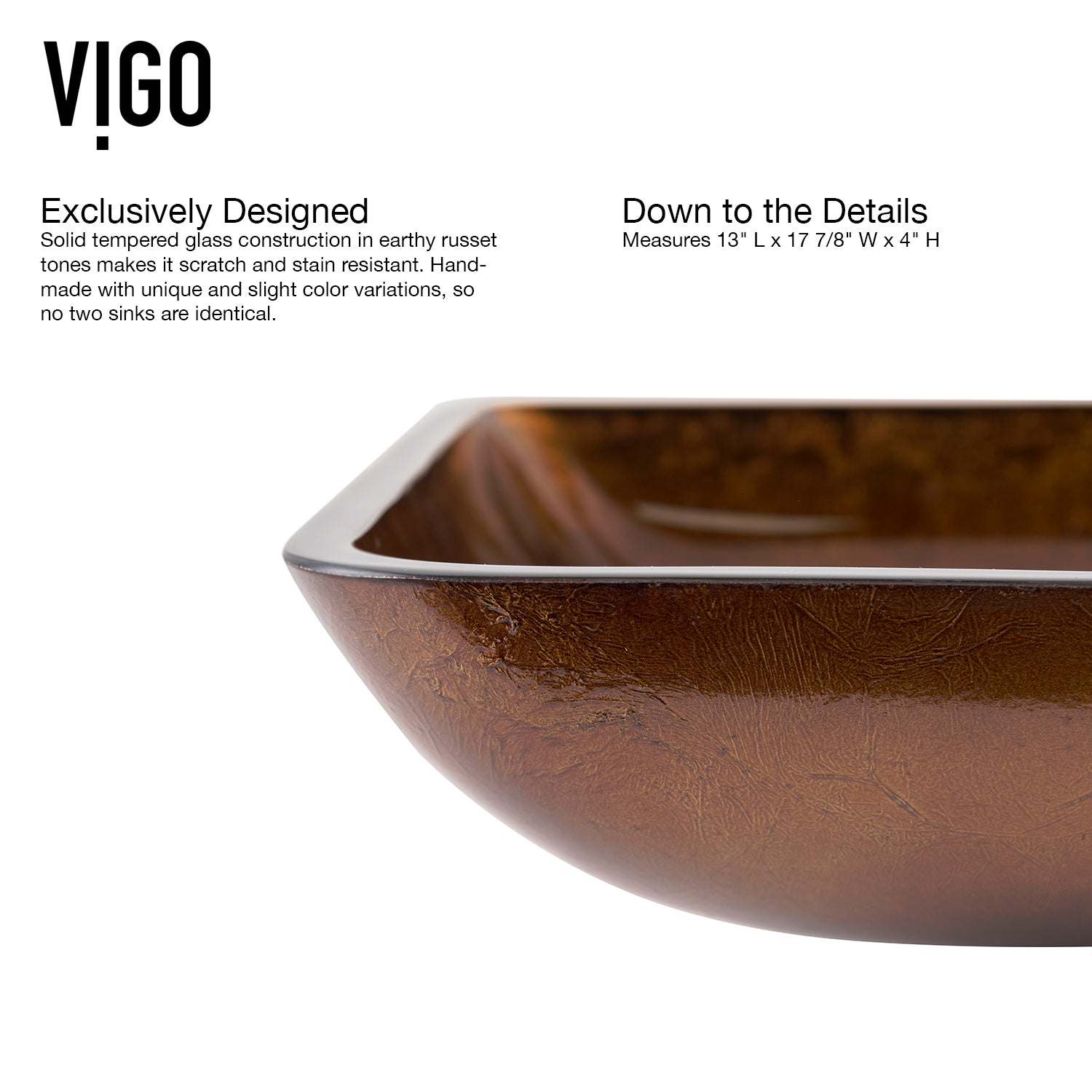 VIGO - Sottile Rectangular Glass Vessel Sink In Russet Color Model# VG07089