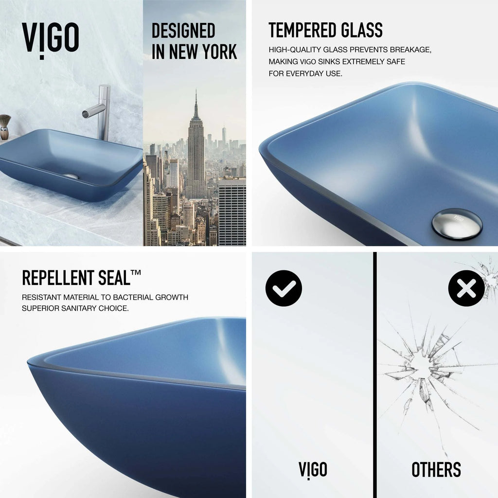 VIGO - Sottile Rectangular Glass Vessel Sink In Royal Blue Matte Shell Color Model# VG07092