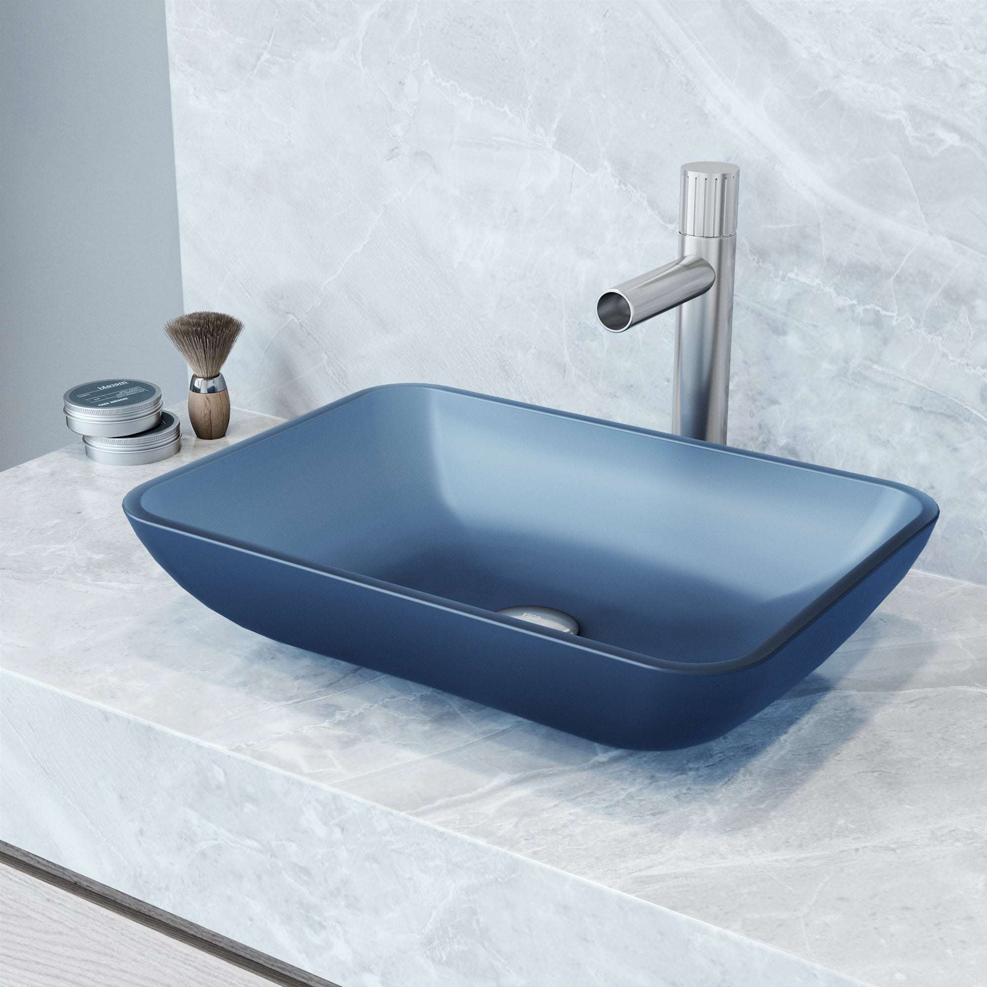VIGO - Sottile Rectangular Glass Vessel Sink In Royal Blue Matte Shell Color Model# VG07092