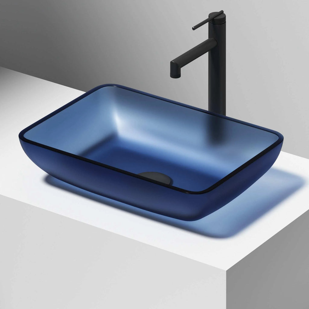 VIGO - Sottile Rectangular Glass Vessel Sink In Royal Blue Matte Shell Color Model# VG07092