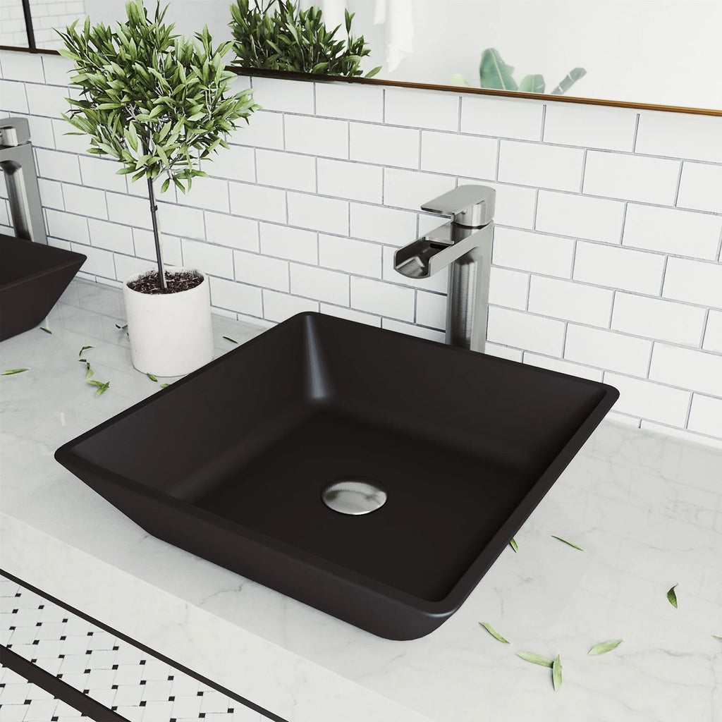 VIGO - Noma Matte Shell 16" Square Tempered Glass Vessel Sink In Black Color Model# VG07109