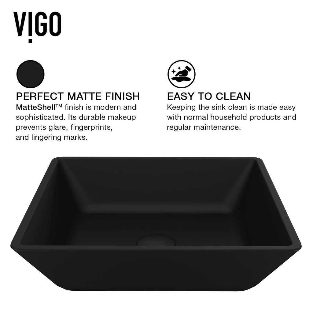 VIGO - Noma Matte Shell 16" Square Tempered Glass Vessel Sink In Black Color Model# VG07109