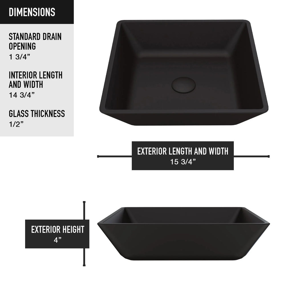 VIGO - Noma Matte Shell 16" Square Tempered Glass Vessel Sink In Black Color Model# VG07109