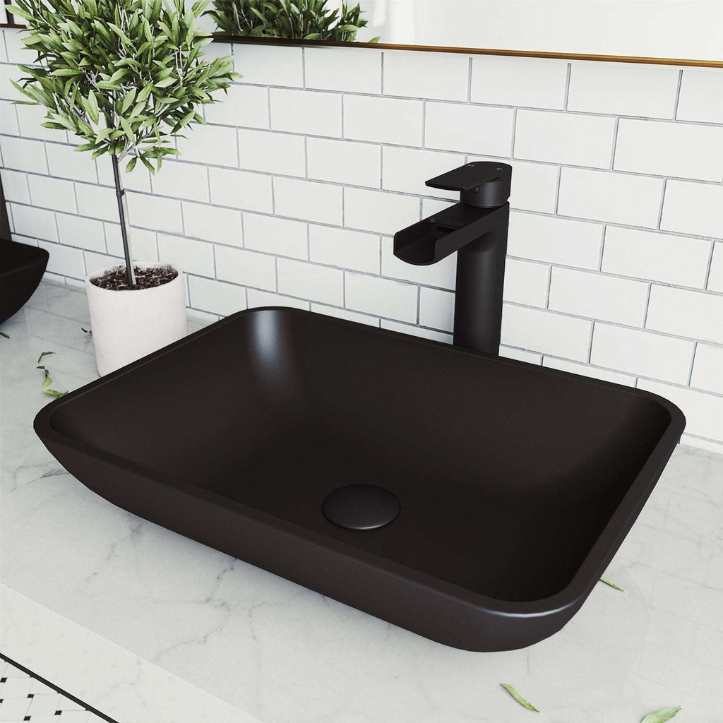 VIGO - Sottile Rectangular Glass Vessel Sink In Black Matte Shell Color Model# VG07110