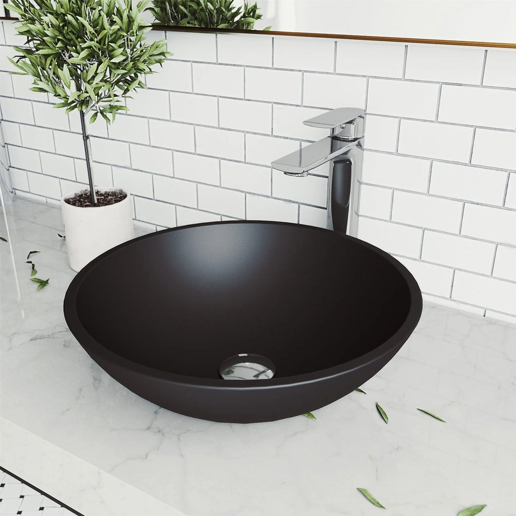 VIGO - Noma Matte Shell 15" Round Tempered Glass Vessel Sink In Matte Black Finish Model# VG07111