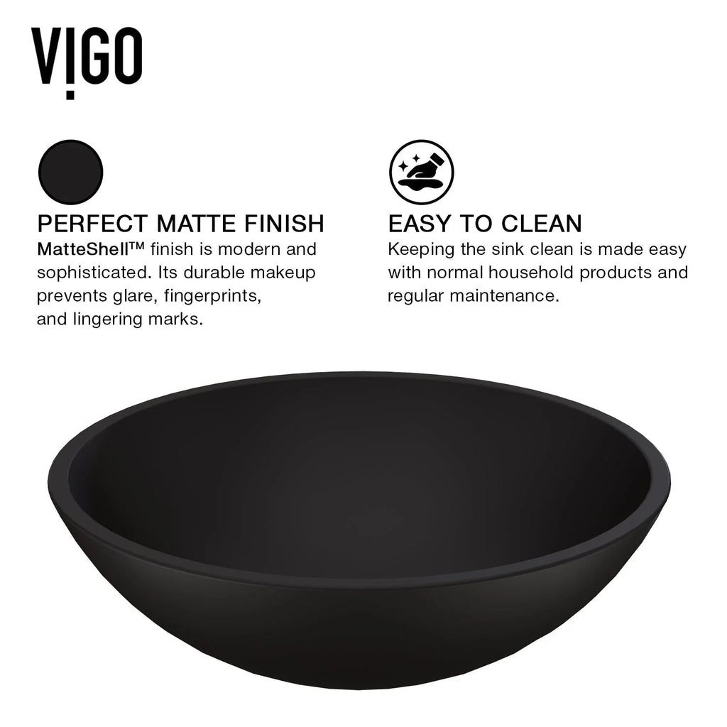 VIGO - Noma Matte Shell 15" Round Tempered Glass Vessel Sink In Matte Black Finish Model# VG07111