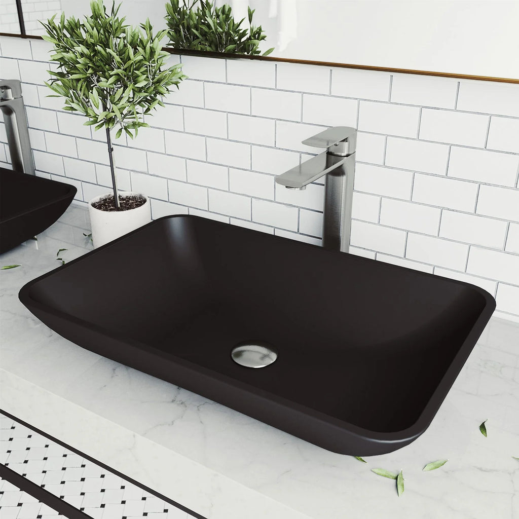 VIGO - Noma Matte Shell 22" Rectangular Tempered Glass Vessel Sink In Black Matte Shell Color Model# VG07112