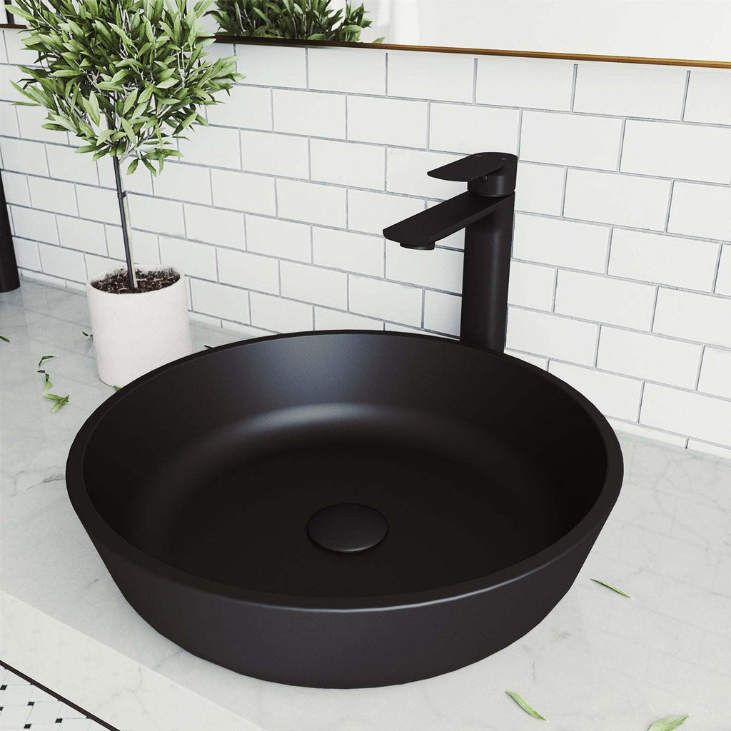 VIGO - Noma Matte Shell 17" Round Tempered Glass Vessel Sink In Matte Black Color Model# VG07113