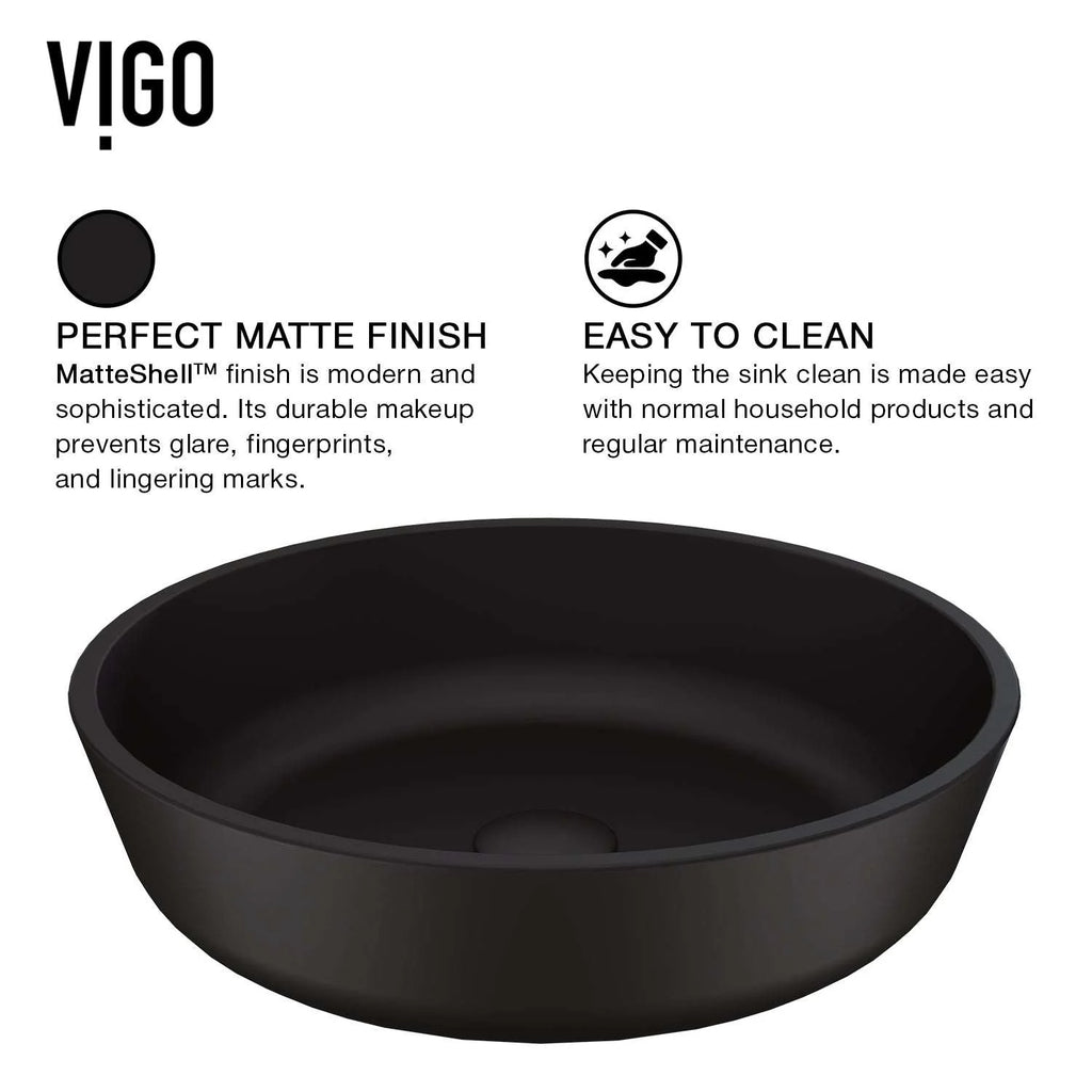 VIGO - Noma Matte Shell 17" Round Tempered Glass Vessel Sink In Matte Black Color Model# VG07113