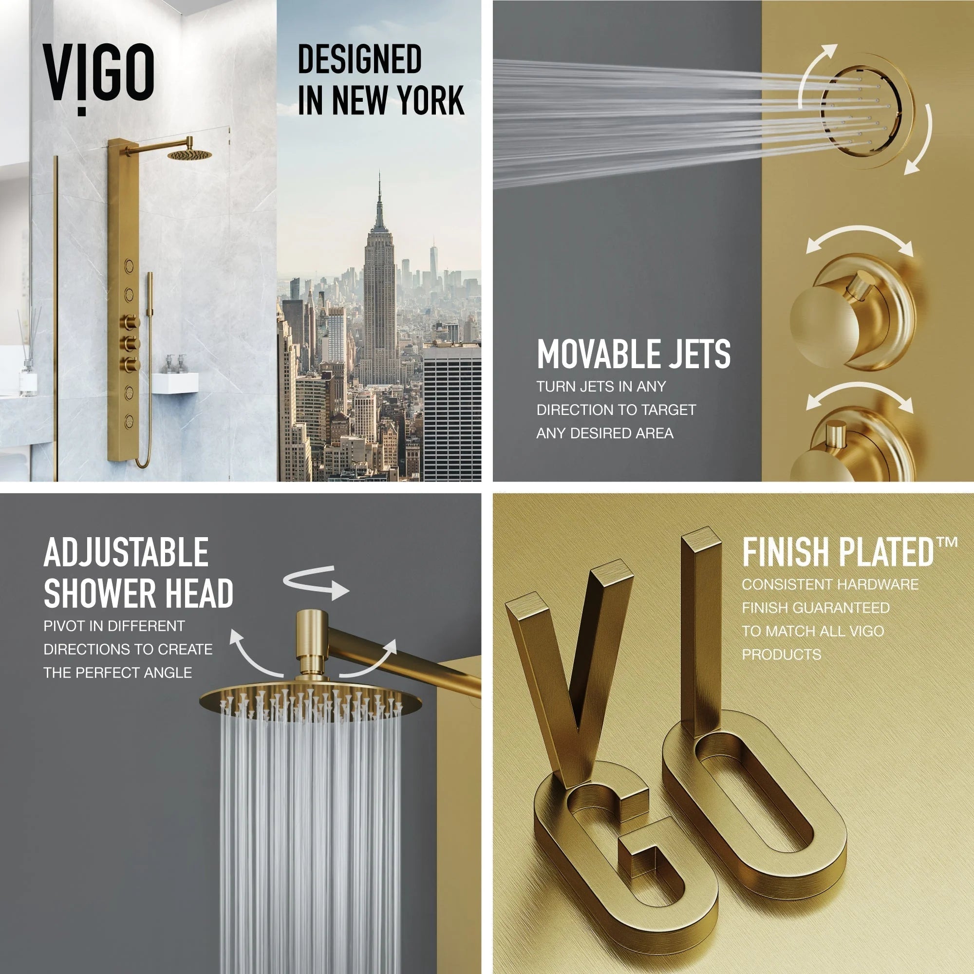 VIGO - Elan Ellington 4-Jet Shower Panel System In Matte Brushed Gold Model# VG08013MG