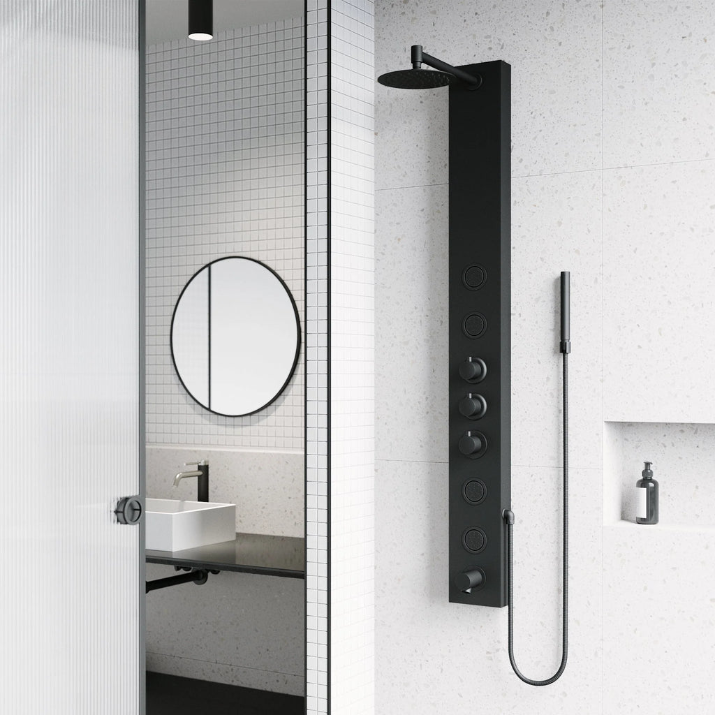 VIGO - Elan Bowery 4-Jet Shower Panel System With Tub Filler In Matte Black Model# VG08022MB