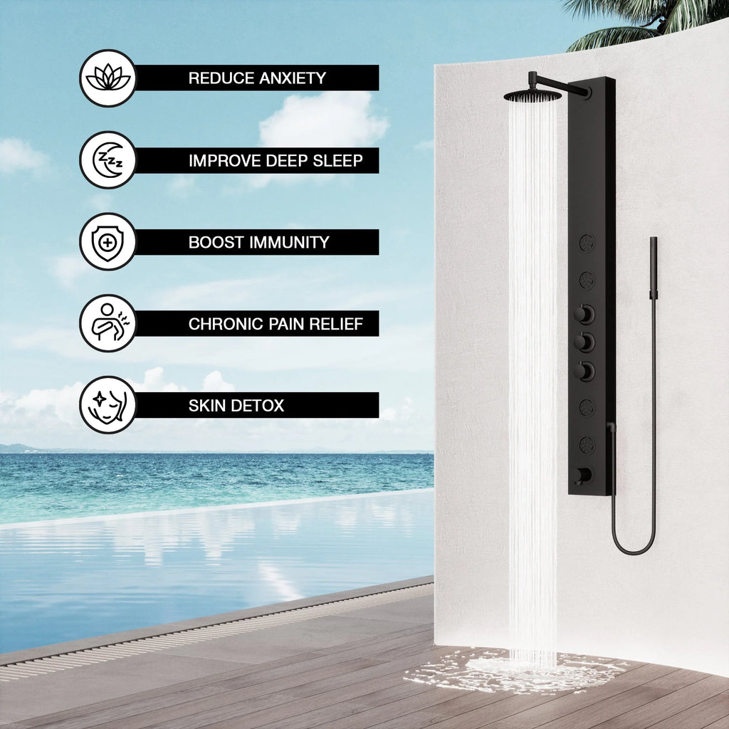 VIGO - Elan Bowery 4-Jet Shower Panel System With Tub Filler In Matte Black Model# VG08022MB