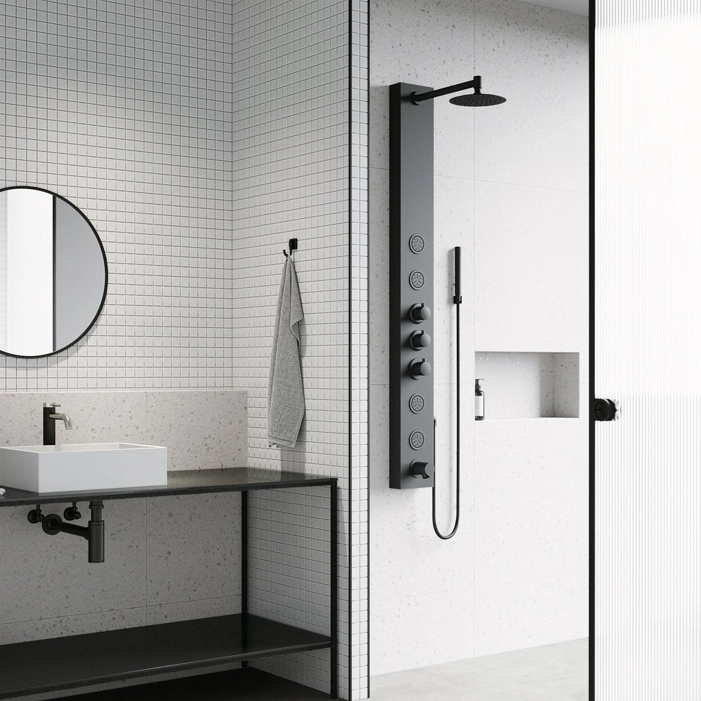 VIGO - Elan Bowery 4-Jet Shower Panel System With Tub Filler In Matte Black Model# VG08022MB
