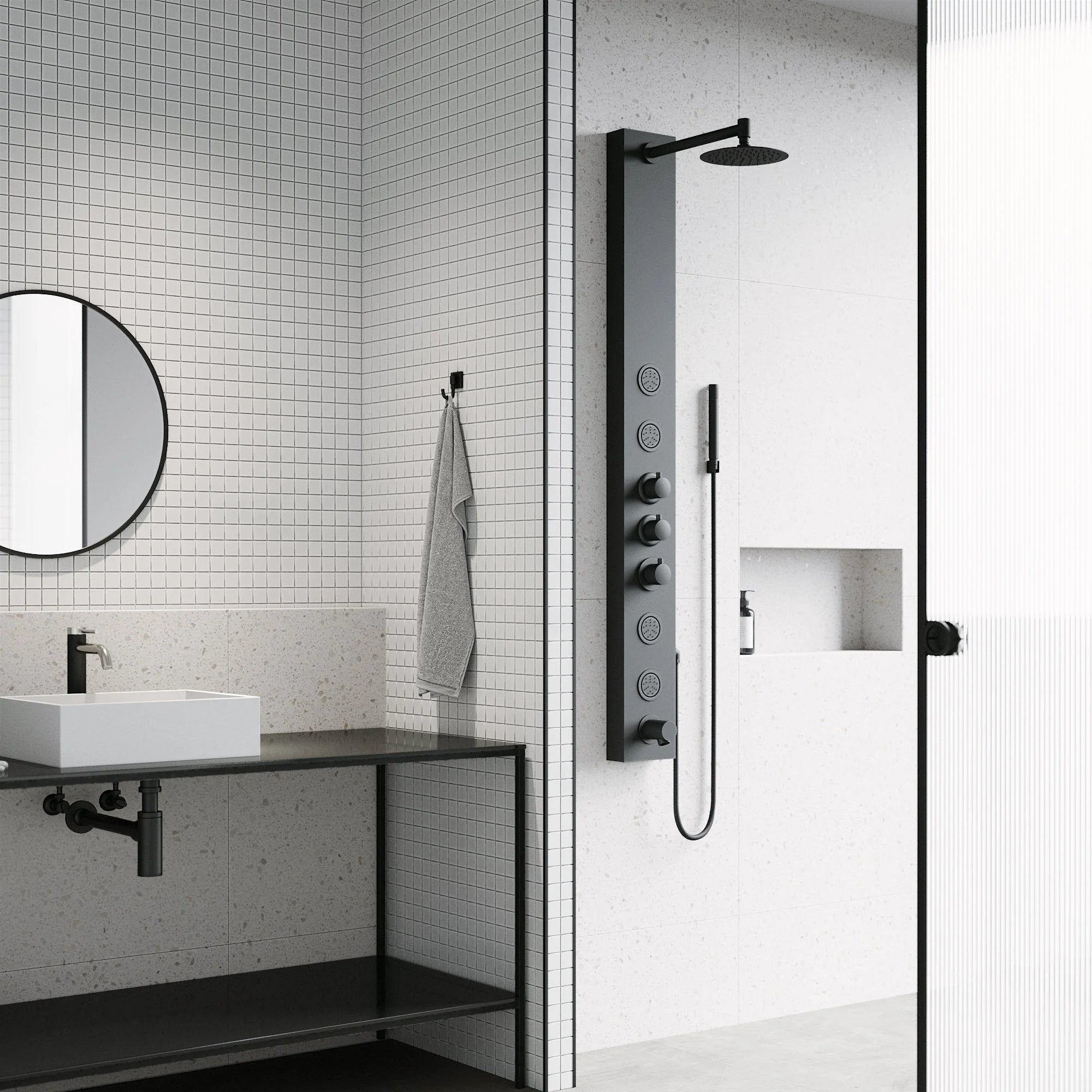 VIGO - Elan Bowery 4-Jet Shower Panel System With Tub Filler In Matte Black Model# VG08022MB